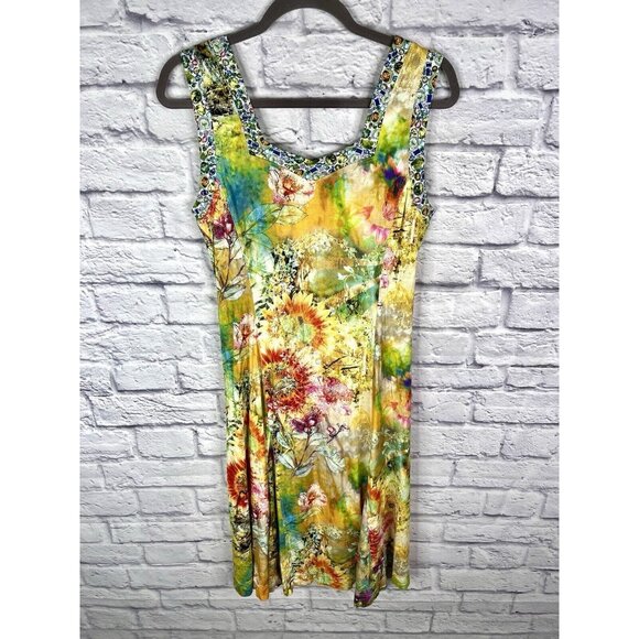 EVA & CLAUDI Women's Yellow Floral Sleeveless Jersey Dress Medium - Picture 6 of 6
